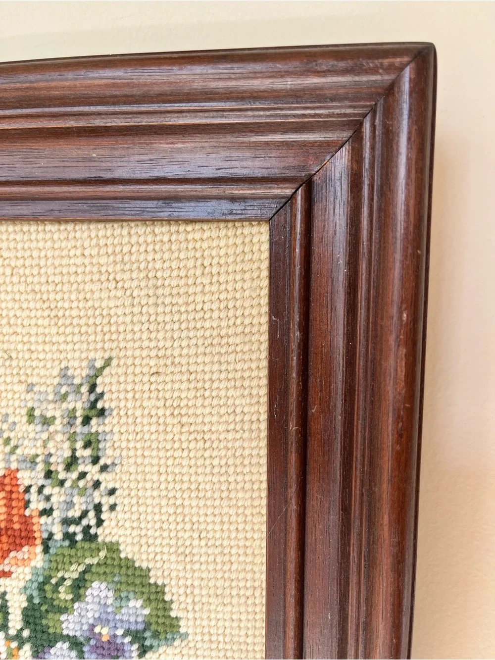 Vintage Handmade Floral Cross-Stitch Wall Art in Wood Frame